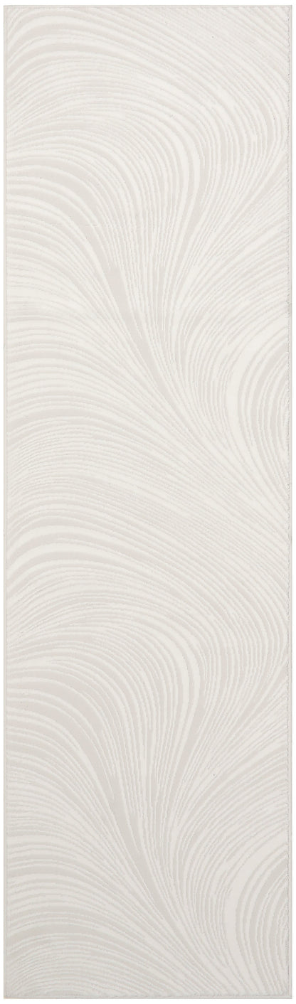 Cream-beige wallpaper with subtle swirling feather-like pattern and soft textured finish.