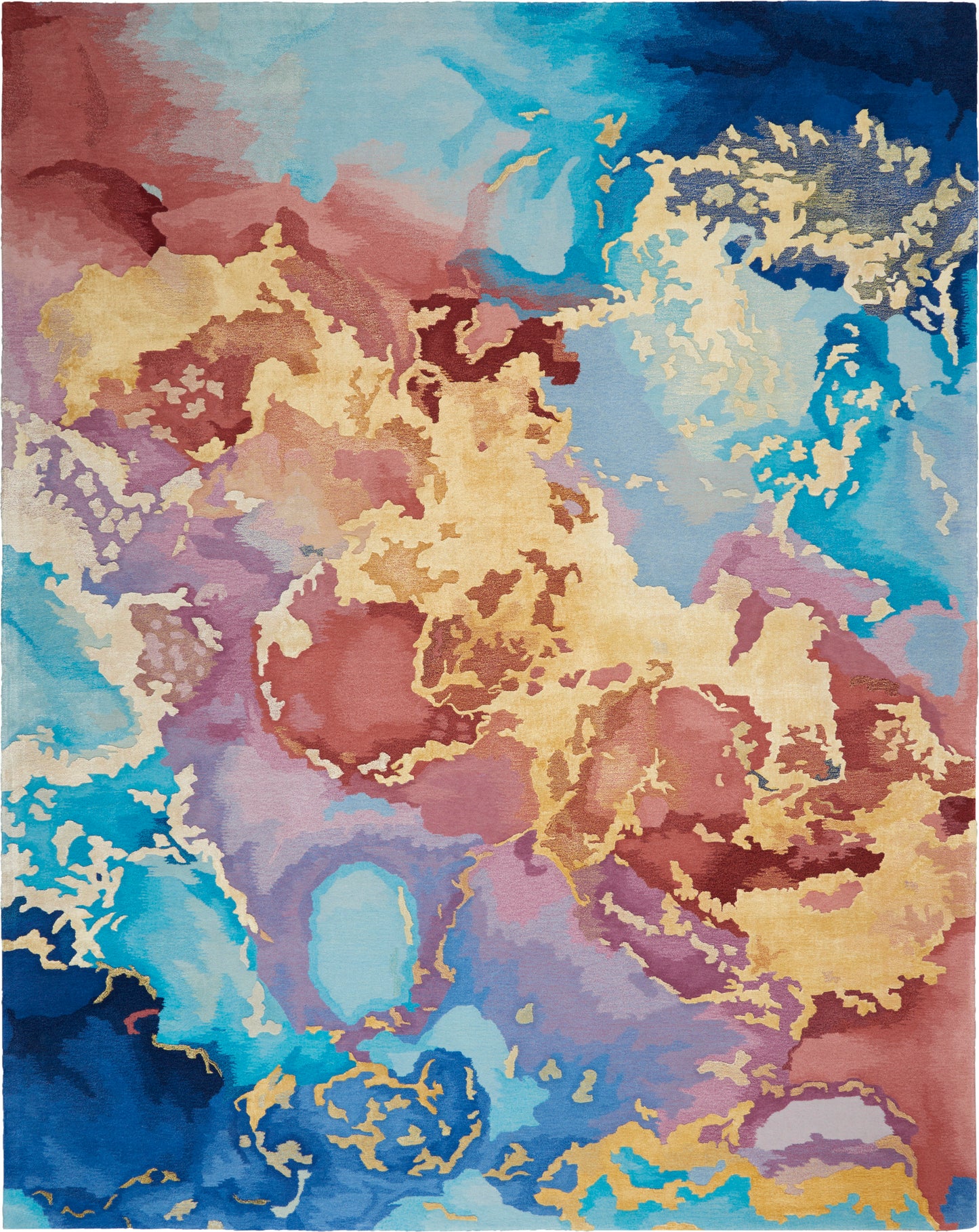 Abstract area rug with fluid watercolor patches in blues, teals, gold, pinks, and purples; modern organic shapes.