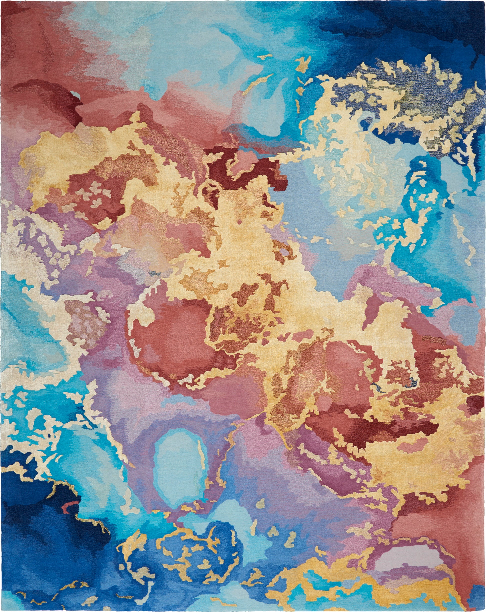 Abstract area rug with fluid watercolor patches in blues, teals, gold, pinks, and purples; modern organic shapes.