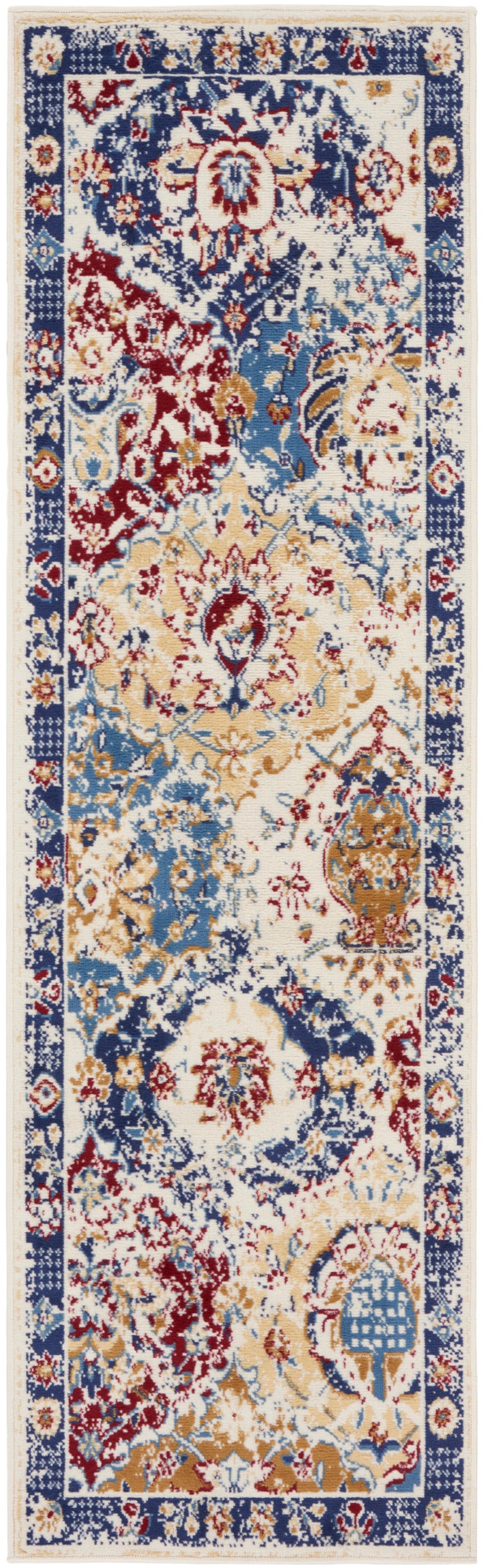 Narrow Persian-style runner rug with intricate floral pattern in cream, navy, red, gold & blue; decorative border.