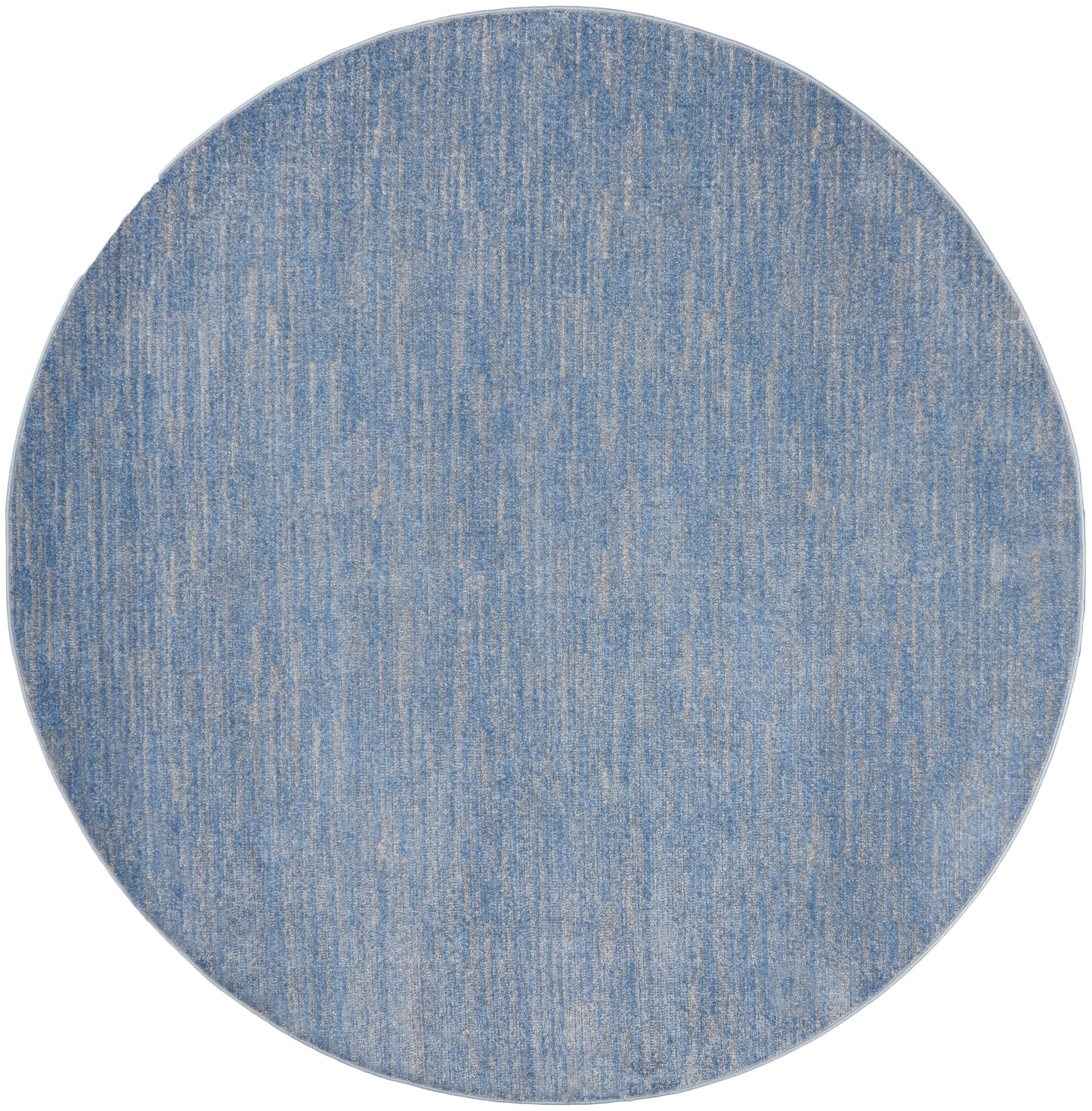 Round blue denim-style rug with a subtle lighter streaked texture.