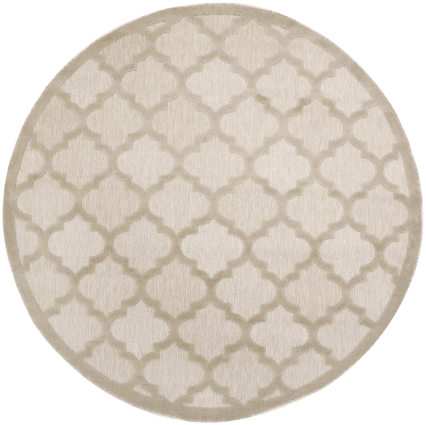 Round beige rug with cream quatrefoil trellis pattern and soft woven texture.