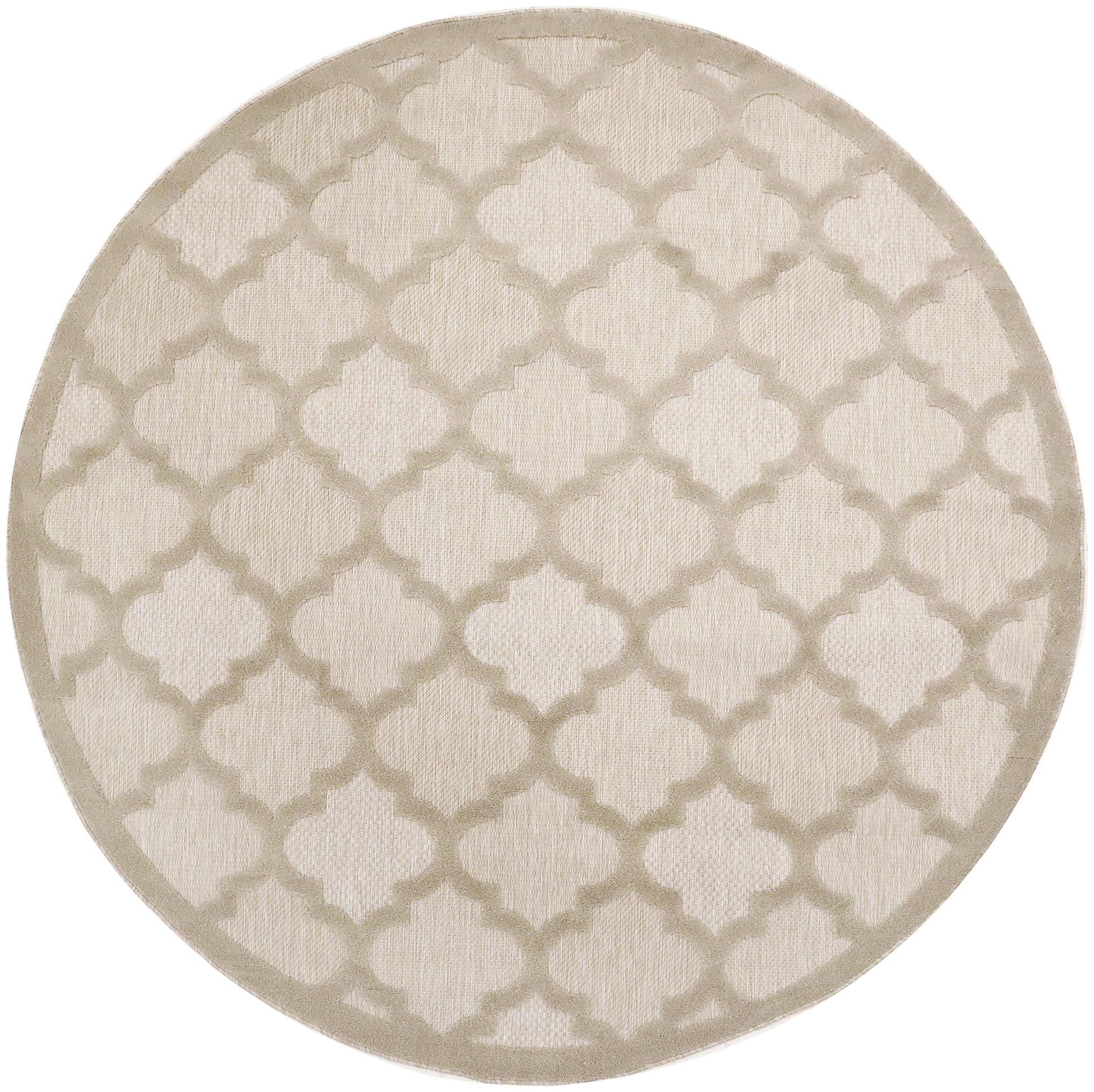 Round beige rug with cream quatrefoil trellis pattern and soft woven texture.