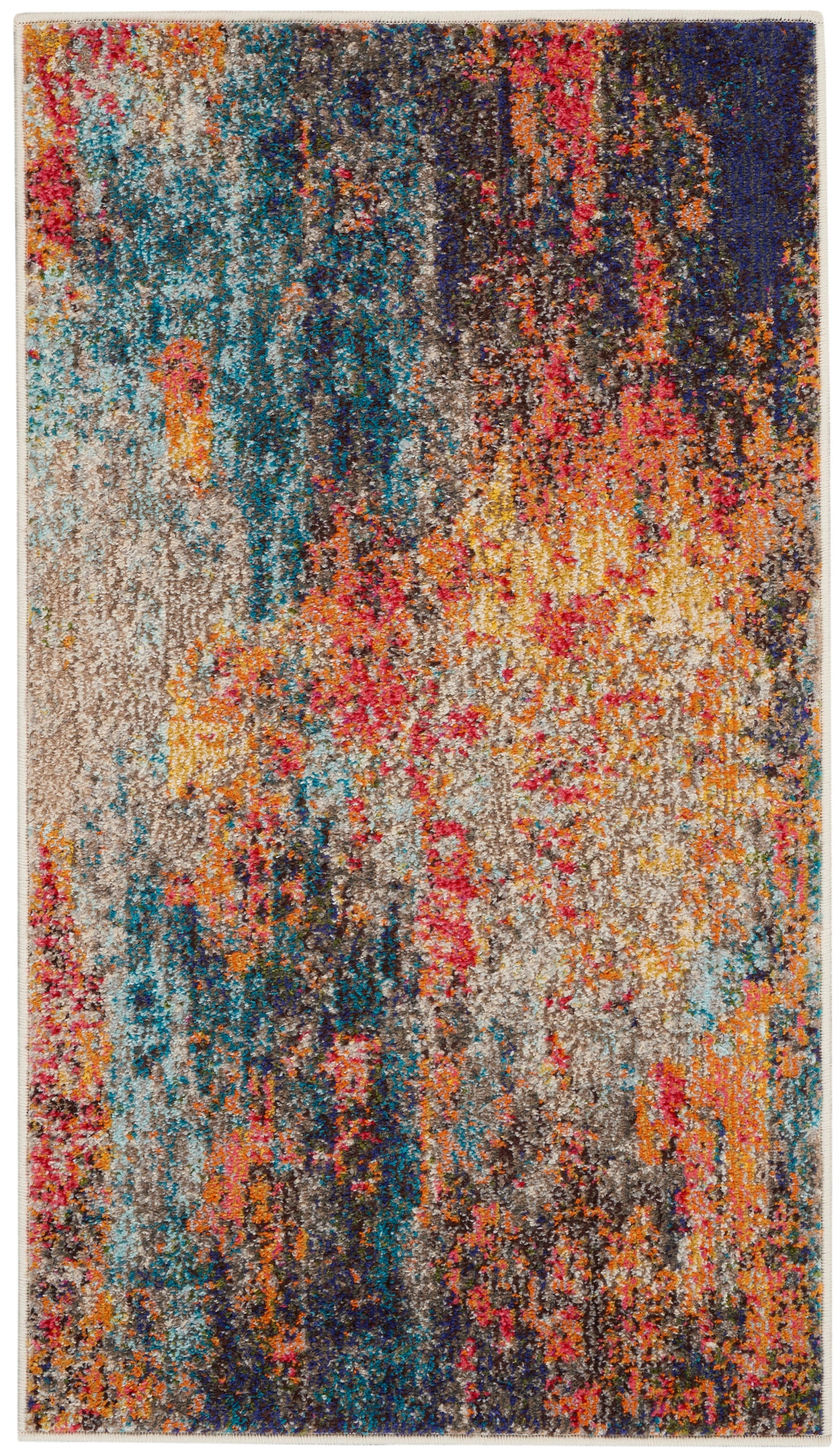 Rectangular abstract area rug with painterly vertical streaks in teal, blue, orange, pink & beige; modern eclectic style.