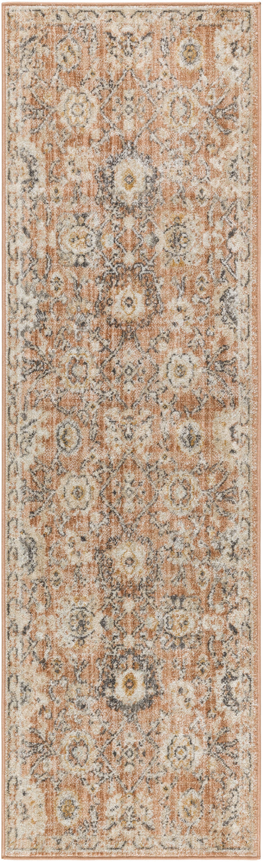 Orange, ivory, and gray distressed oriental-pattern runner rug with bordered edges and vintage vibe.