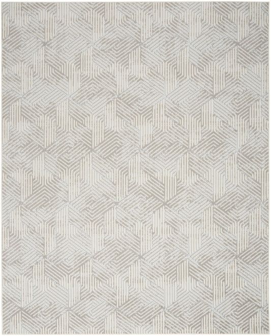 Neutral gray-beige rug with an interlocking cube pattern for living room or bedroom.
