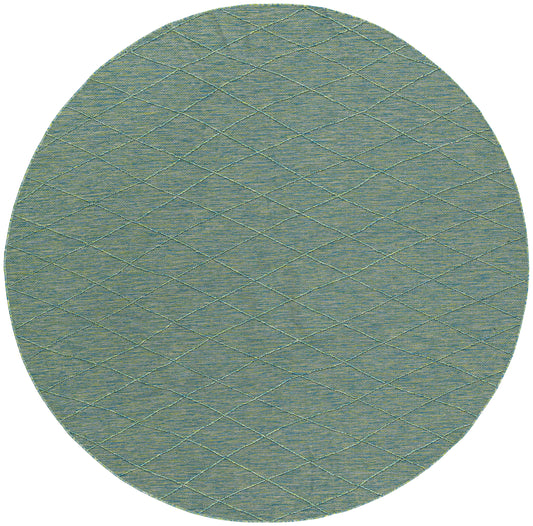 Circular teal-green quilted fabric swatch with diagonal diamond stitching texture