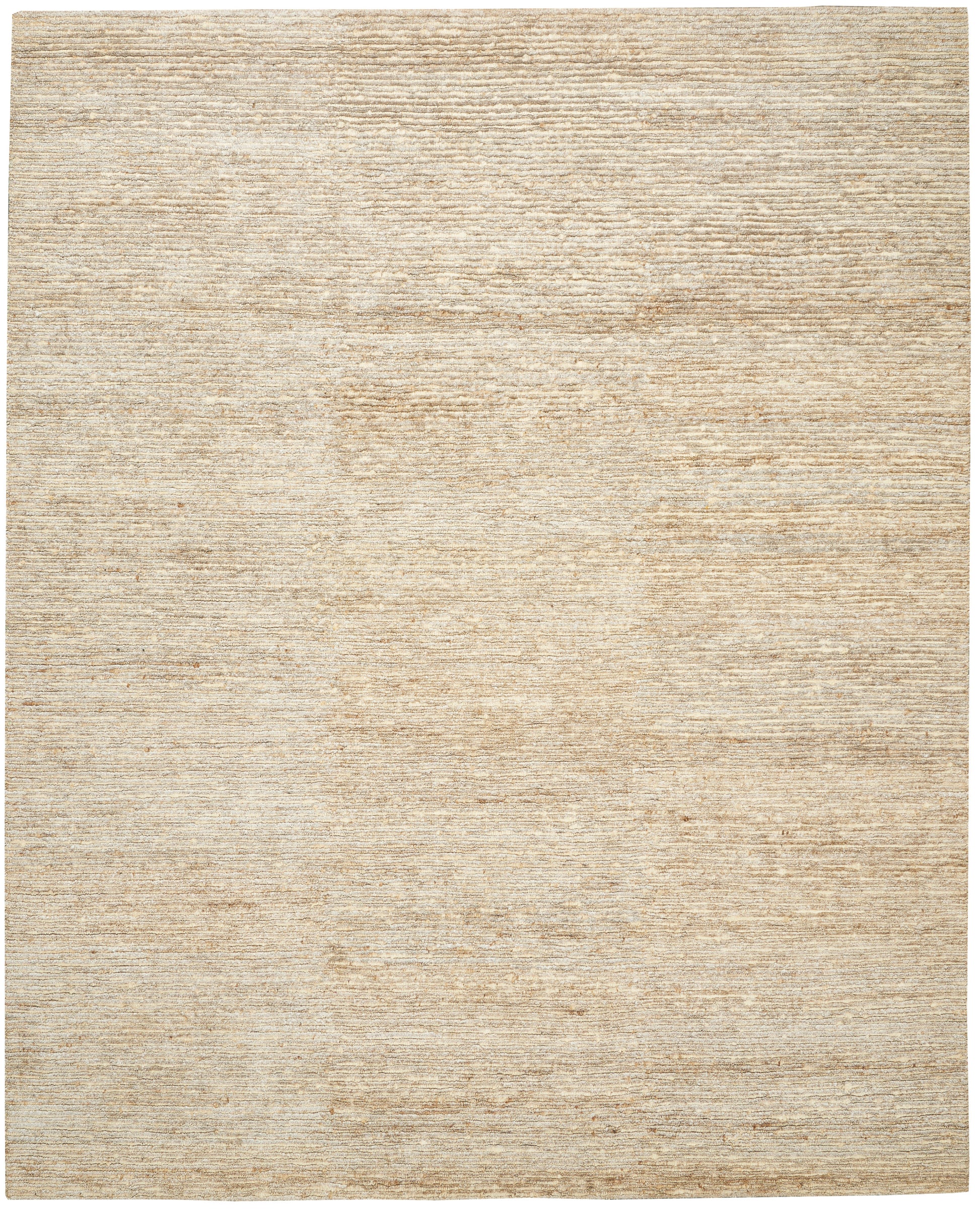 Beige textured area rug with subtle woven pattern in warm sandy tones.