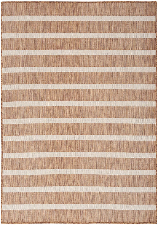 Natural tan jute rug with cream horizontal stripes; rectangular, casual woven look.
