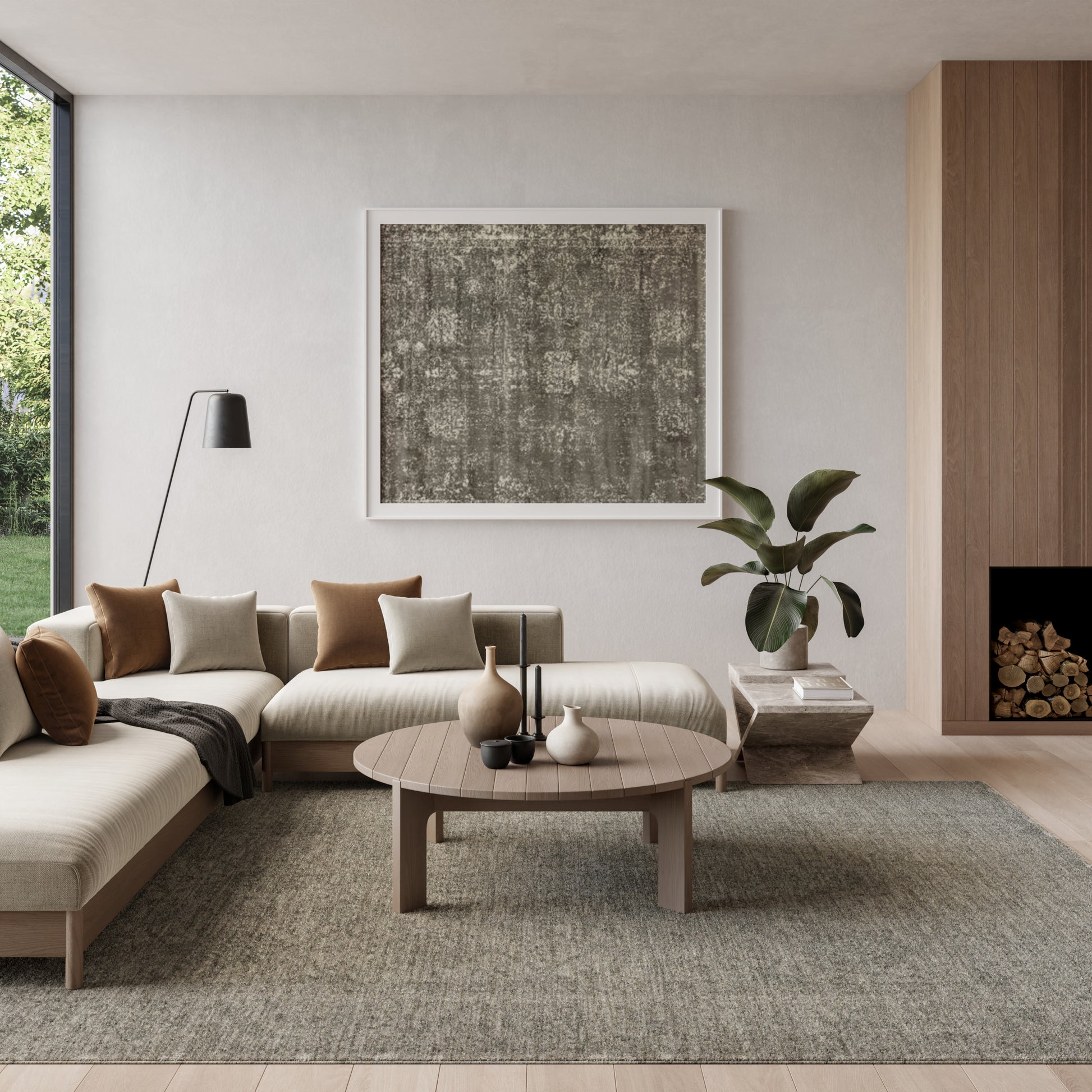 Vintage 5' x 8' rug in a neutral living room setting with a beige sectional, wooden coffee table, abstract wall art, floor lamp, plant, and fireplace.
