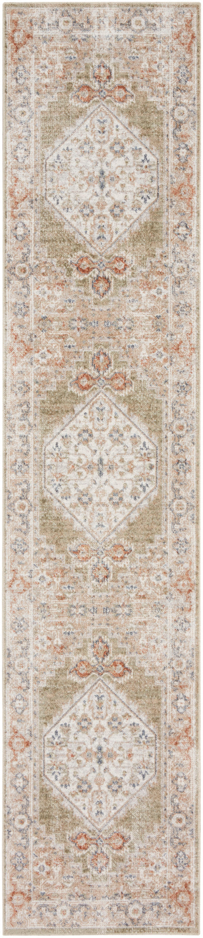 Long beige oriental runner rug with repeating diamond medallions, ivory, taupe and soft rust accents, floral borders.