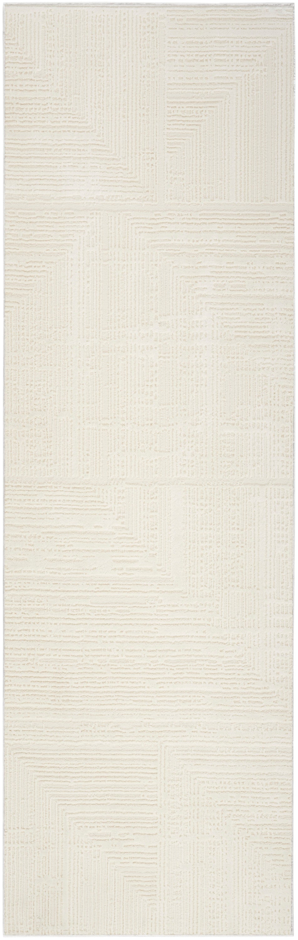 Cream textured rug runner with geometric block pattern and raised linear details.