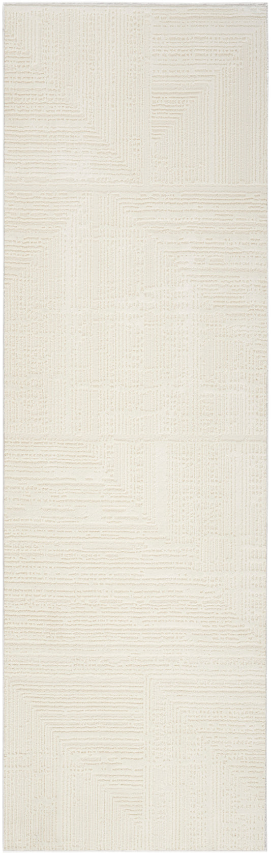 Cream textured rug runner with geometric block pattern and raised linear details.
