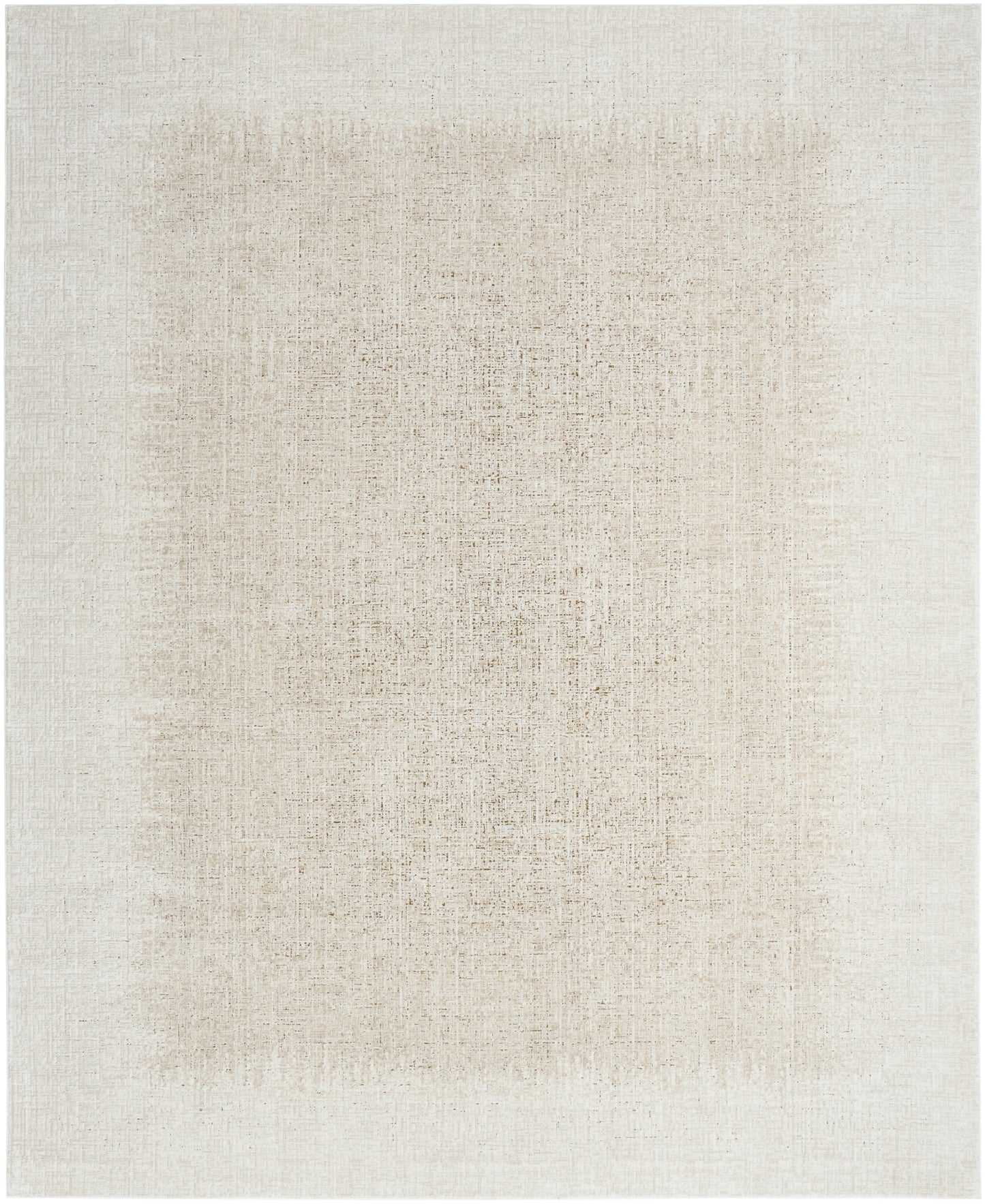 Cream-beige flat-weave rug with a softly distressed center and faded edges for a neutral, minimalist look.