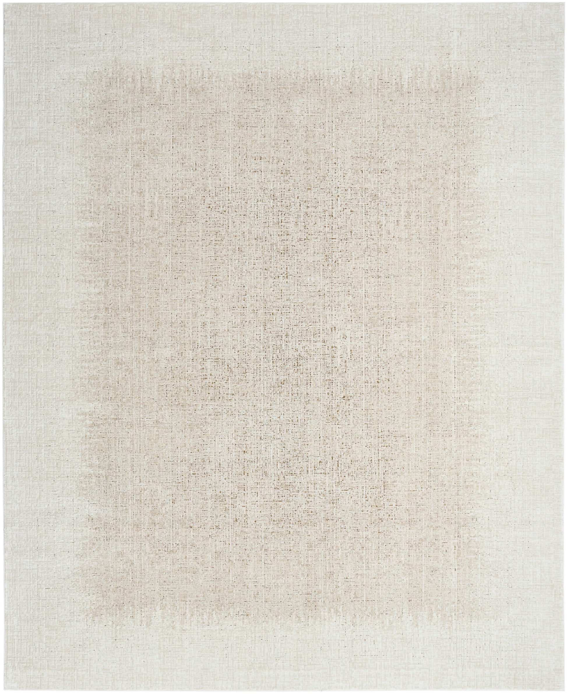 Cream-beige flat-weave rug with a softly distressed center and faded edges for a neutral, minimalist look.