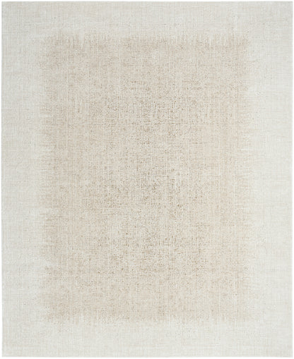 Cream-beige flat-weave rug with a softly distressed center and faded edges for a neutral, minimalist look.