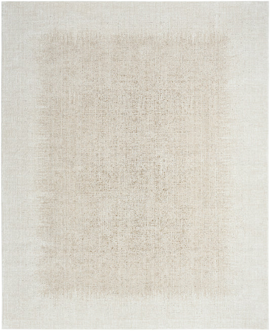 Cream-beige flat-weave rug with a softly distressed center and faded edges for a neutral, minimalist look.