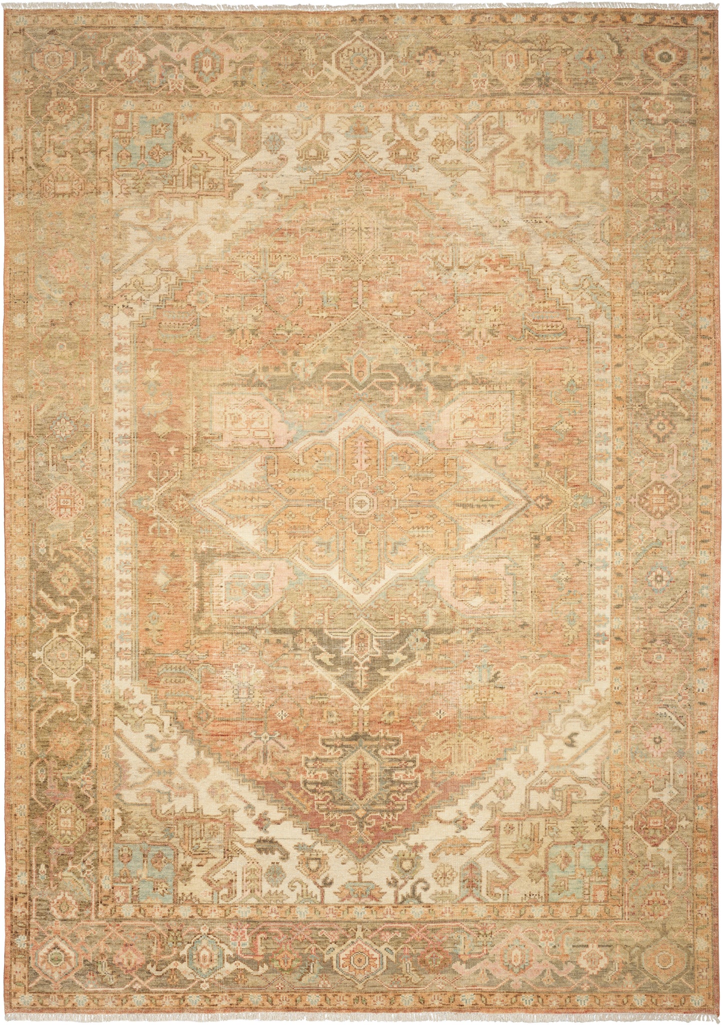 Distressed vintage Oriental rug with warm ivory, peach & pale blue tones; central medallion & ornate border.