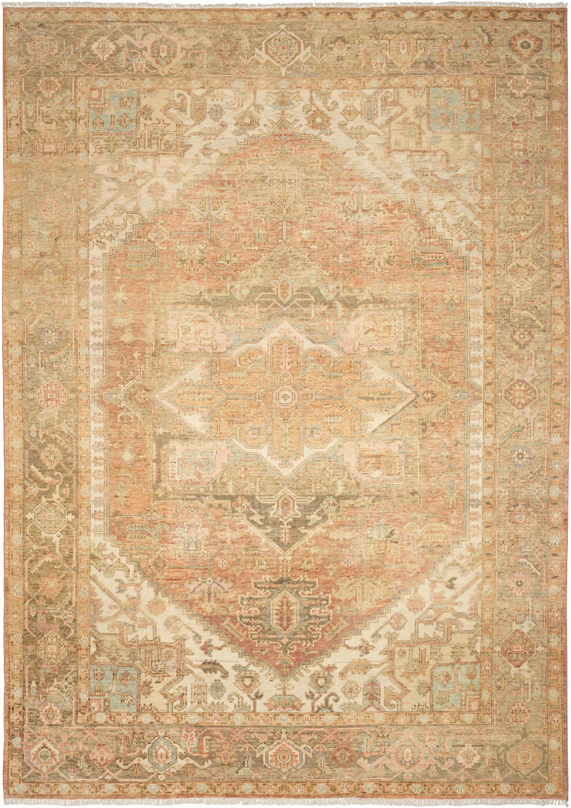 Distressed vintage Oriental rug with warm ivory, peach & pale blue tones; central medallion & ornate border.