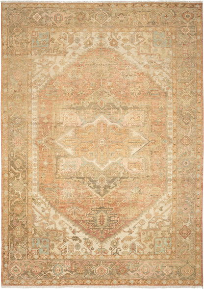 Distressed vintage Oriental rug with warm ivory, peach & pale blue tones; central medallion & ornate border.