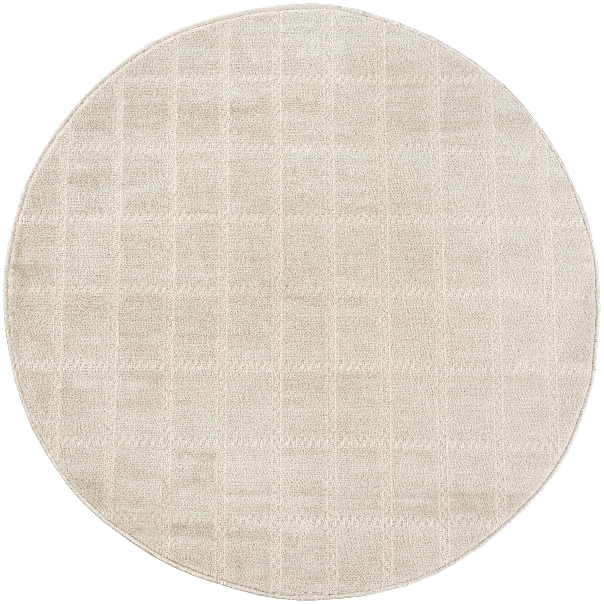 Beige round rug with a textured checkered grid pattern and soft plush pile.