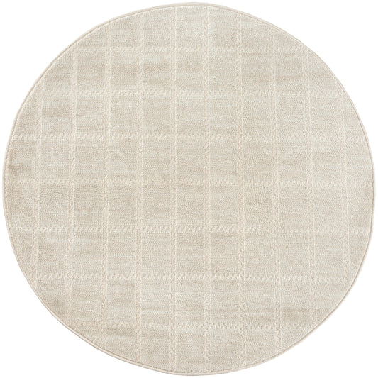 Beige round rug with a textured checkered grid pattern and soft plush pile.