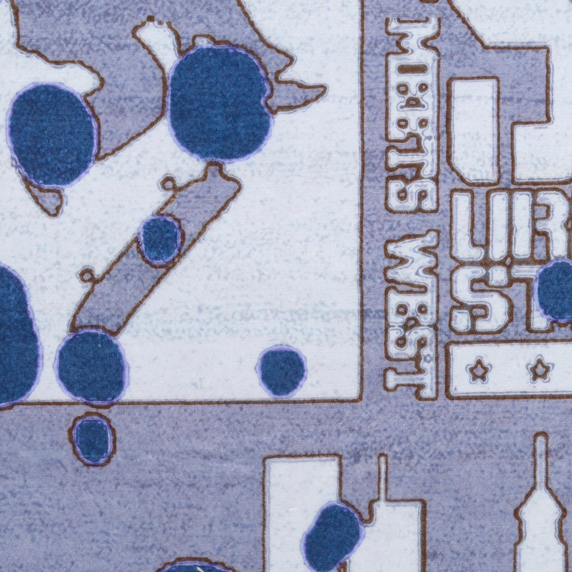 Abstract blue-purple rug with ink-blot circle motifs and a vertical text-like stripe on the right edge; size 4' x 6'.