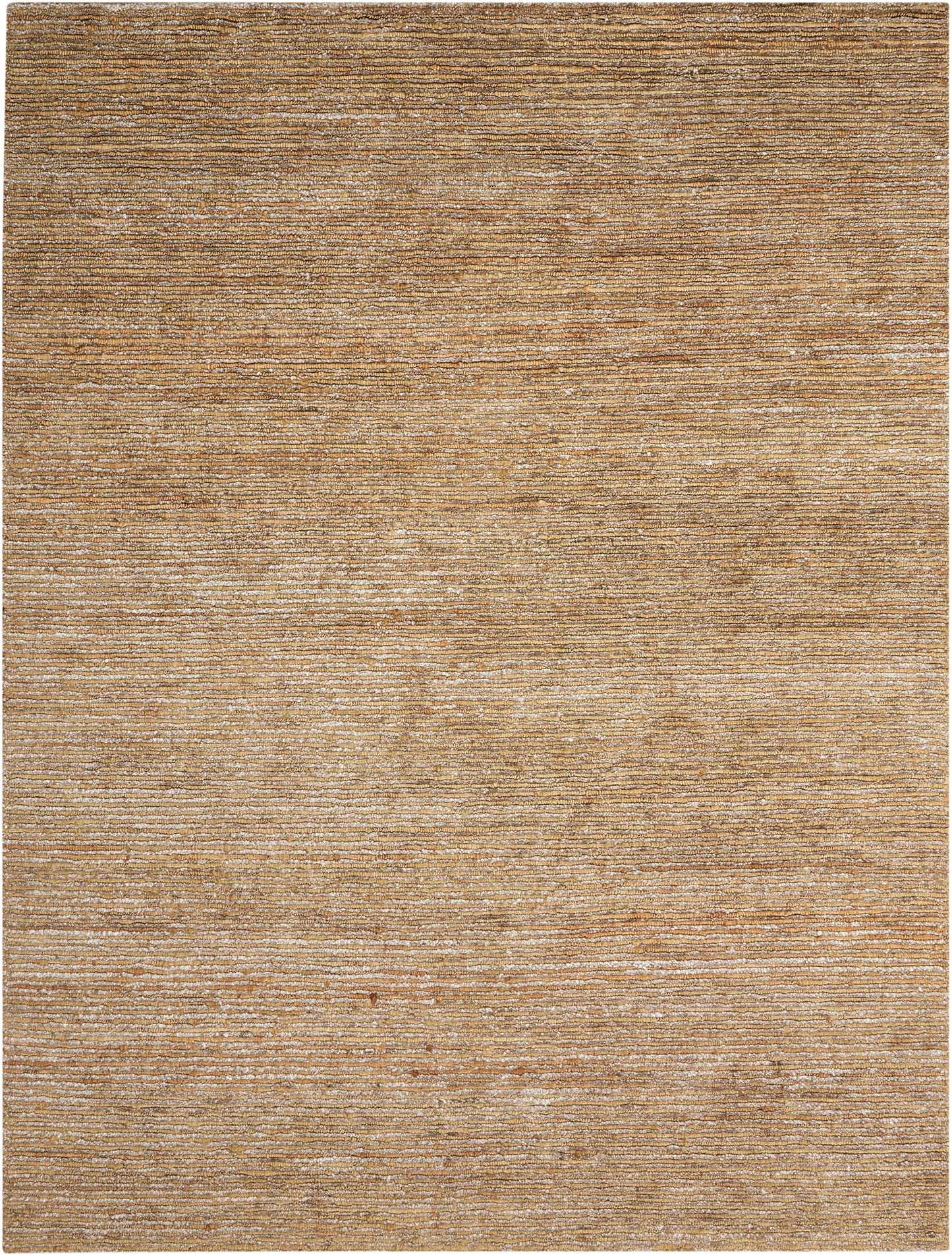 Rectangular beige woven rug with subtle horizontal stripes and distressed texture.
