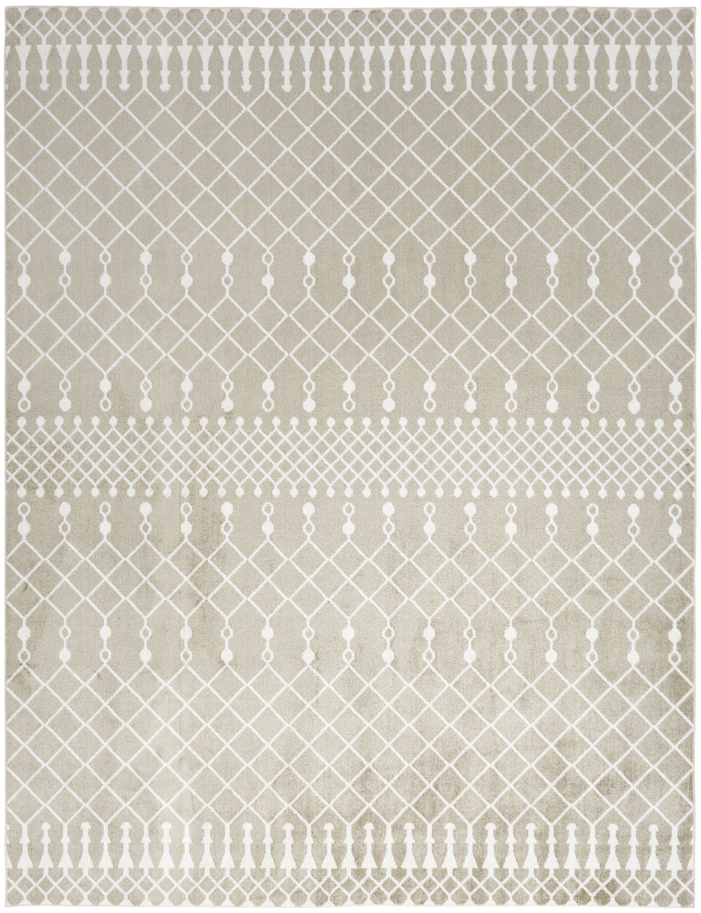 Beige area rug with white geometric lattice bands and dot accents; modern neutral decor.