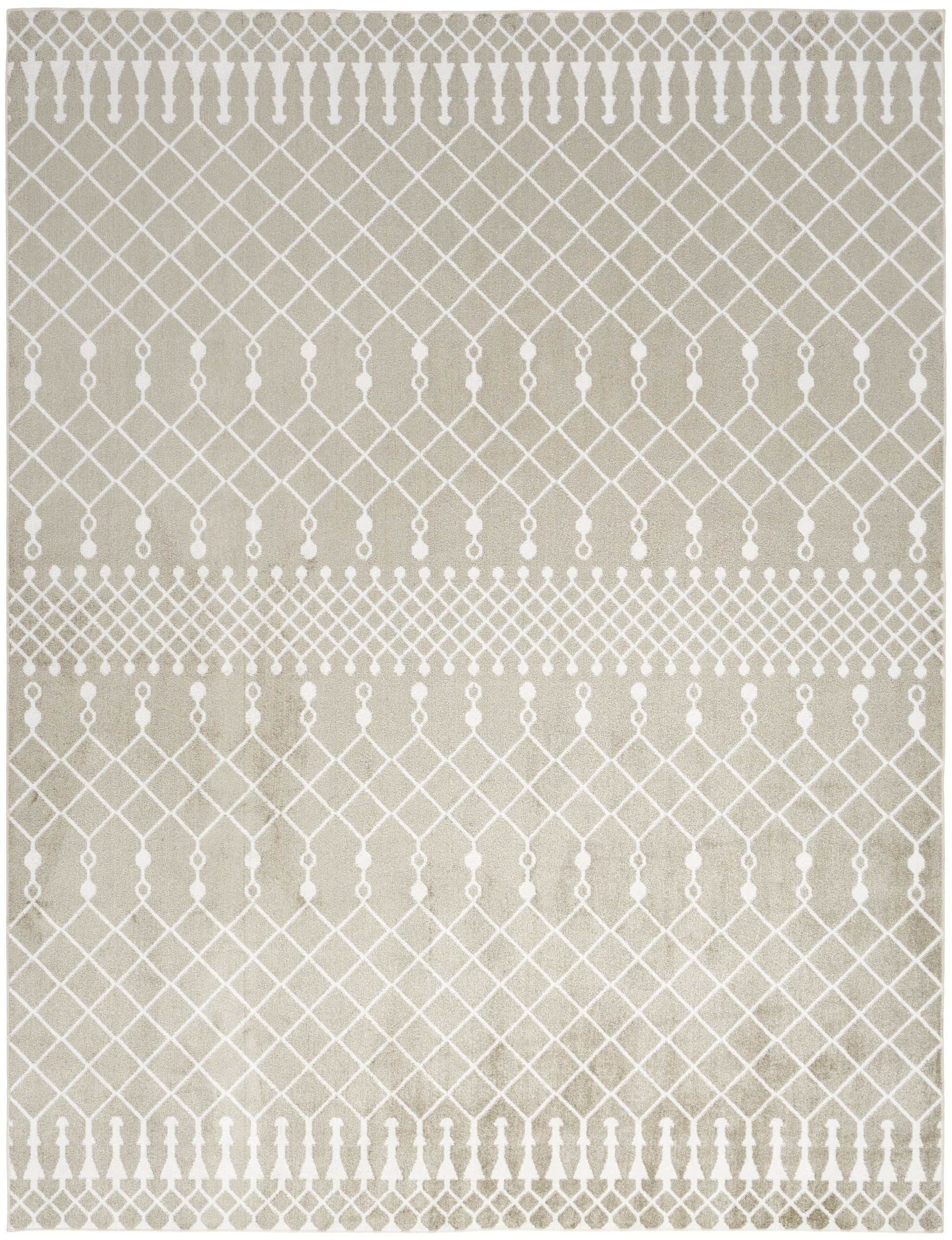 Beige area rug with white geometric lattice bands and dot accents; modern neutral decor.