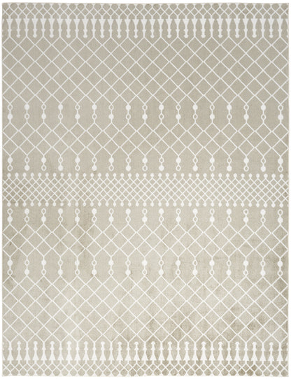 Beige area rug with white geometric lattice bands and dot accents; modern neutral decor.