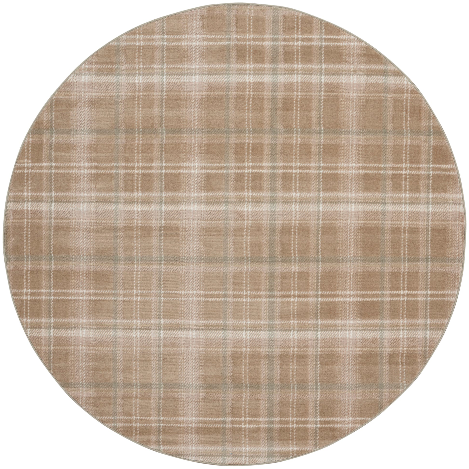 Round beige plaid placemat with tan and white checks, woven fabric texture for dining.