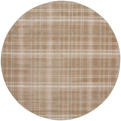 Round beige plaid placemat with tan and white checks, woven fabric texture for dining.