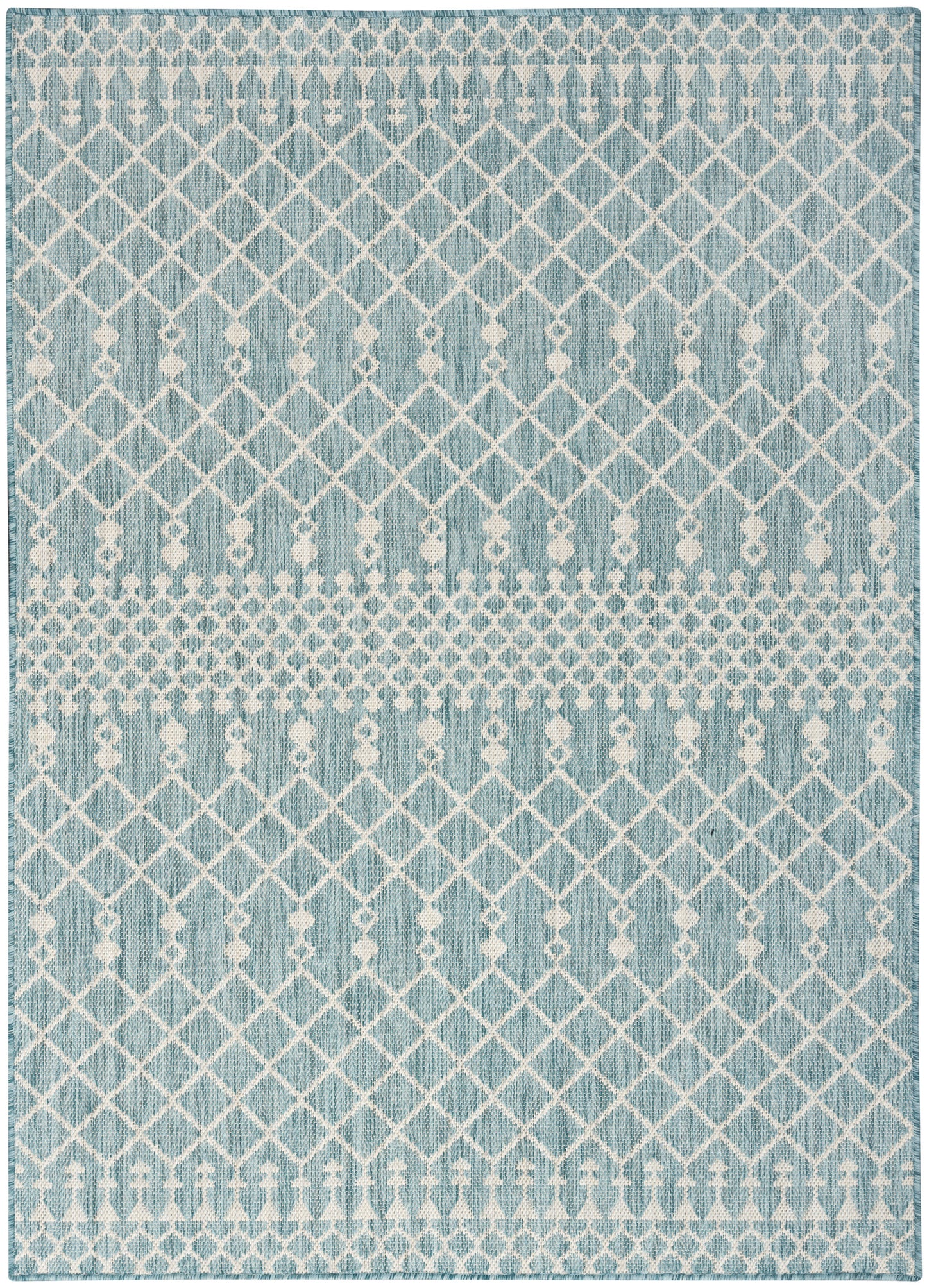 Blue woven rug with white diamond lattice and dotted bands; rectangular living room rug.