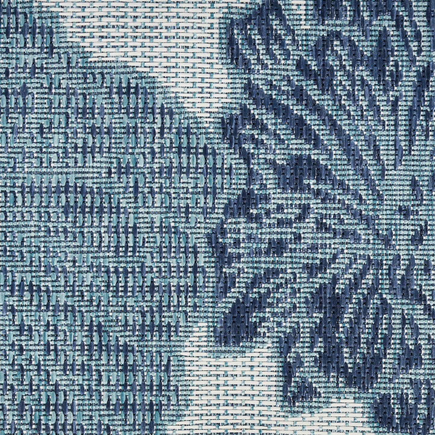 Blue and teal jacquard woven fabric with dark navy floral damask leaf pattern.