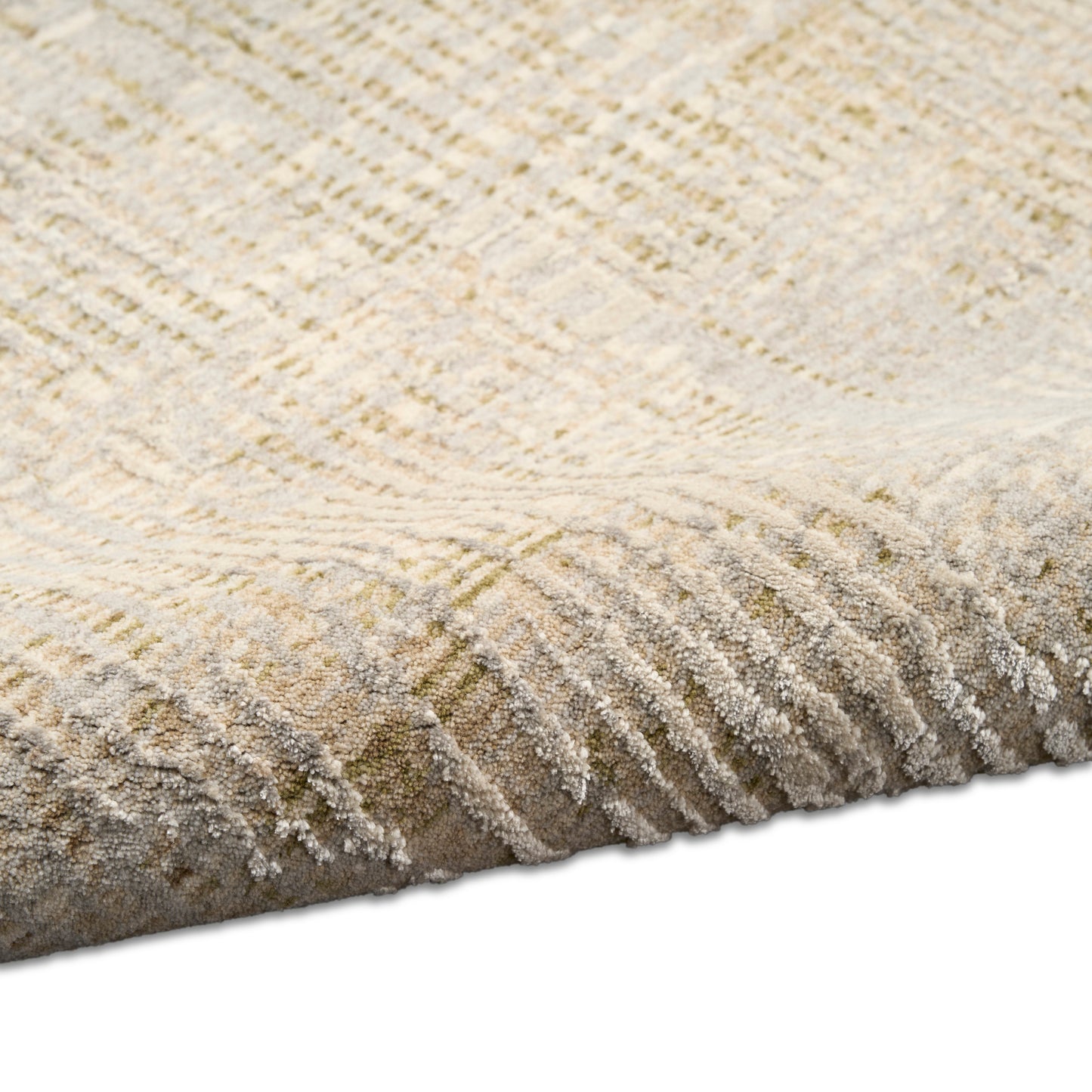 Beige cream shag rug with subtle geometric pattern, plush pile & olive undertones; rectangular living-room style