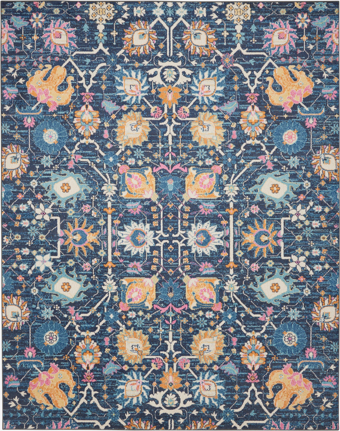 Blue oriental rug with intricate multicolor floral motifs in yellow, pink, and teal; rectangular area rug.