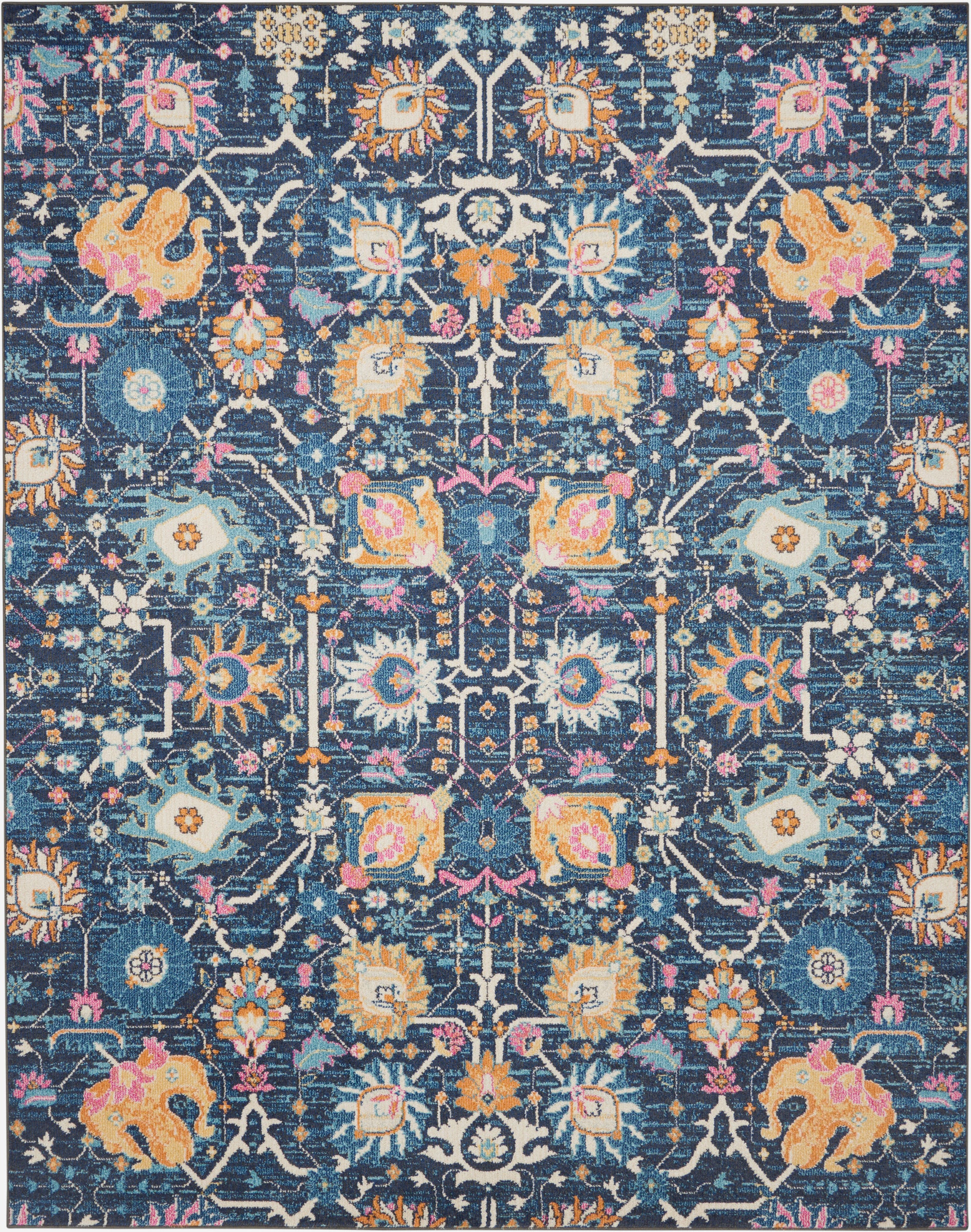 Blue oriental rug with intricate multicolor floral motifs in yellow, pink, and teal; rectangular area rug.