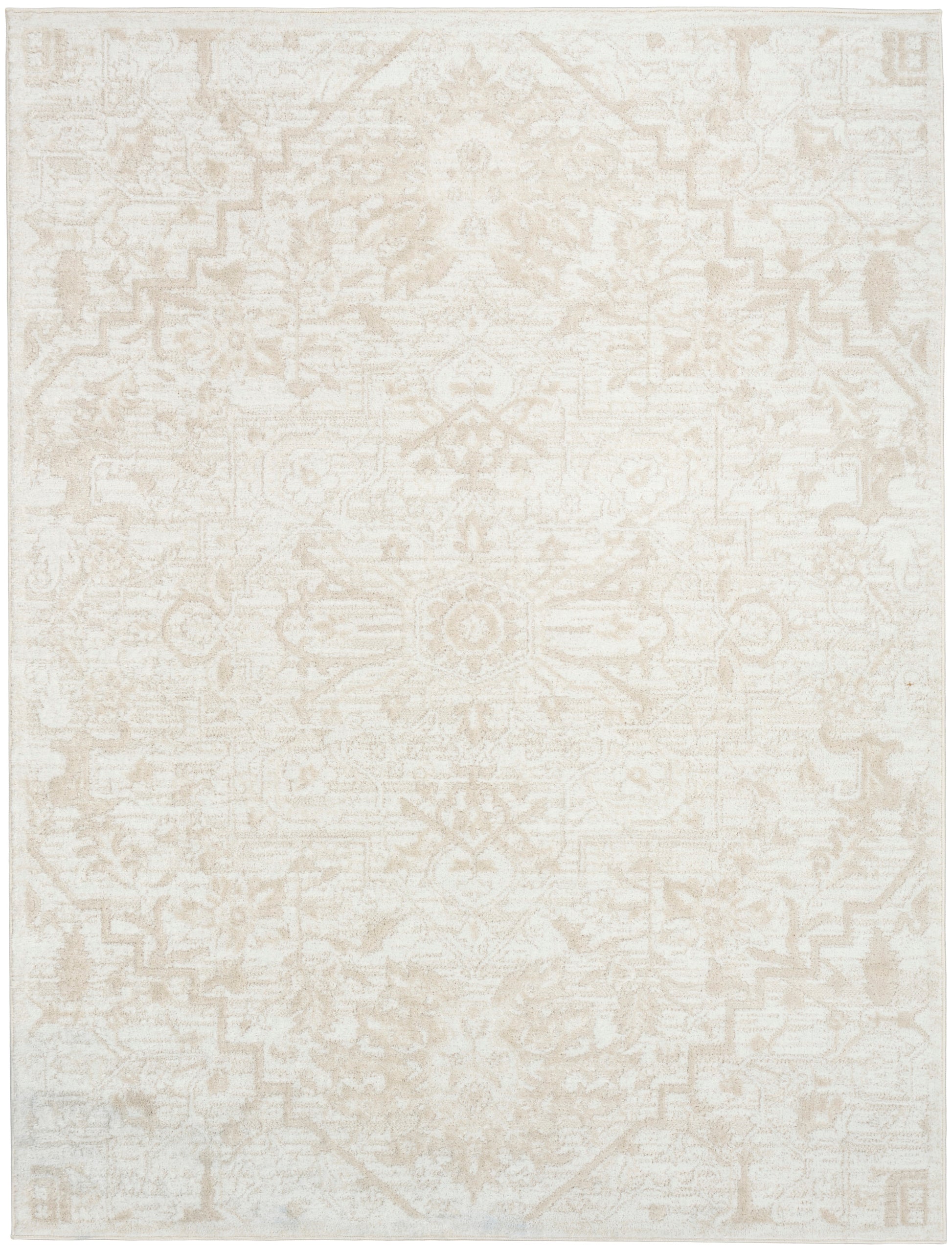 Ivory cream distressed oriental rug, rectangular with subtle medallion and geometric motifs; soft woven texture.