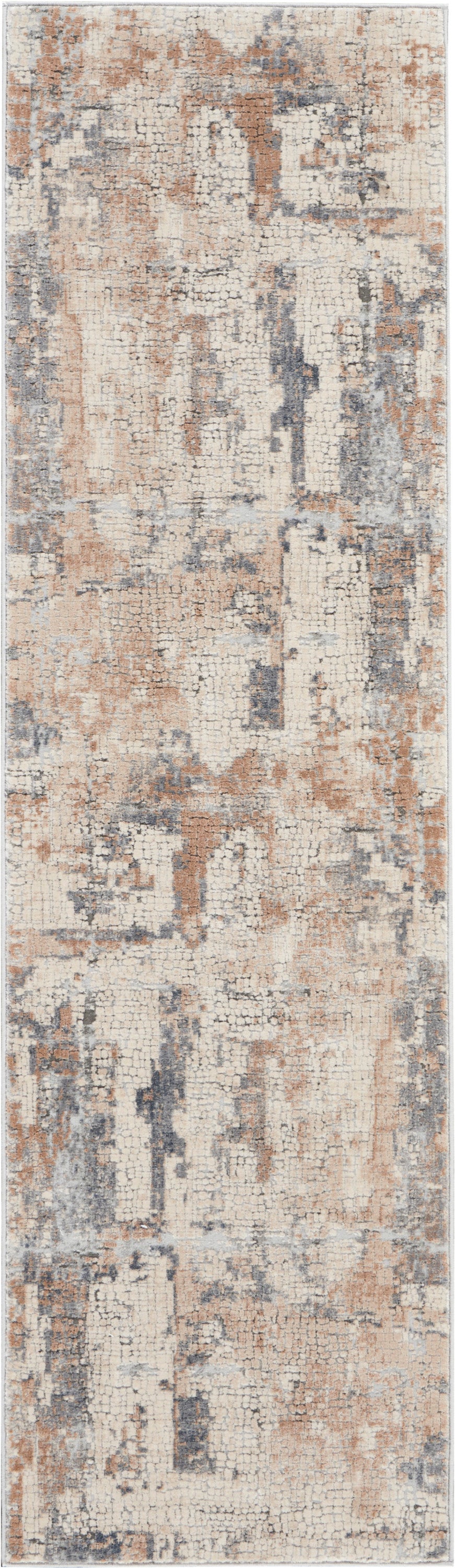 Abstract distressed area rug in cream, beige, peach and blue-gray tones with a cracked mosaic pattern.
