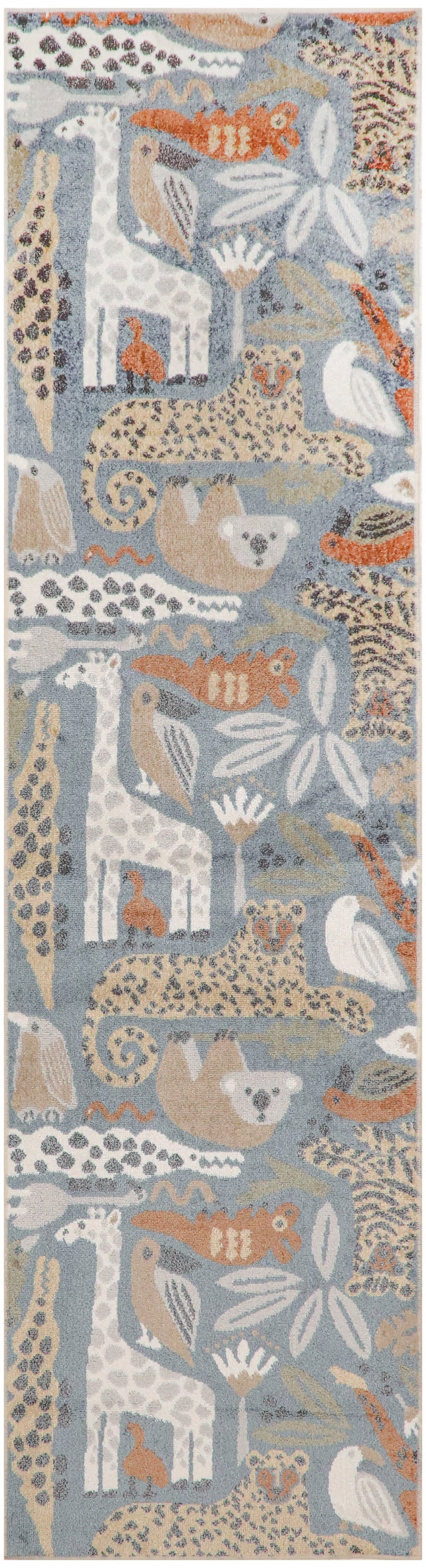 Long blue-gray scarf with beige, white and orange animal and floral motifs (giraffes, leopards, birds).