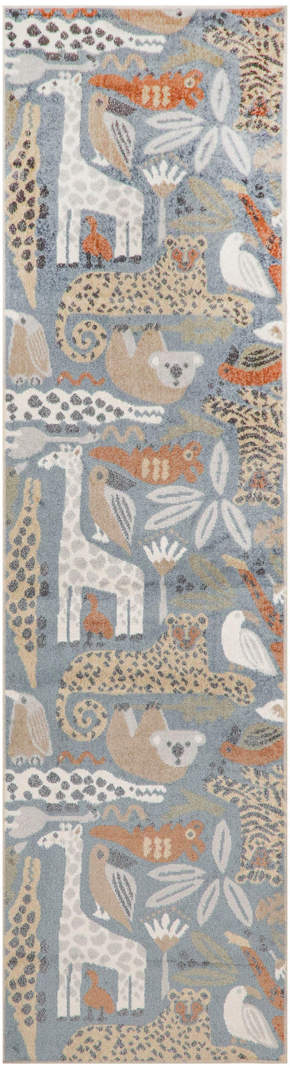 Long blue-gray scarf with beige, white and orange animal and floral motifs (giraffes, leopards, birds).
