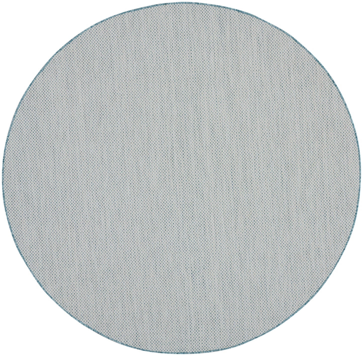 Round blue-gray rug with teal border and fine dotted texture, modern minimalist style, 8' round