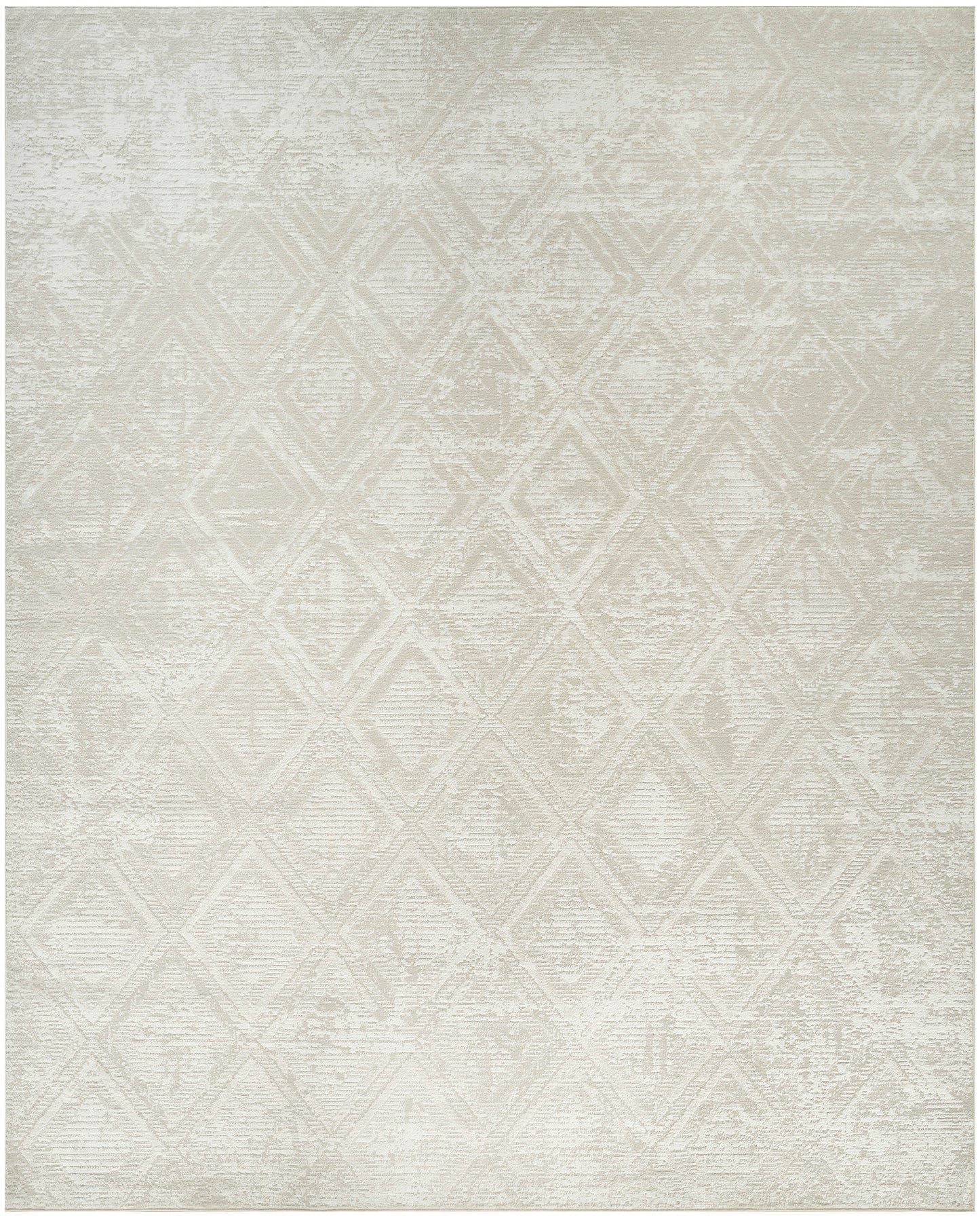 Neutral cream area rug with a subtle distressed diamond lattice pattern and soft woven texture.