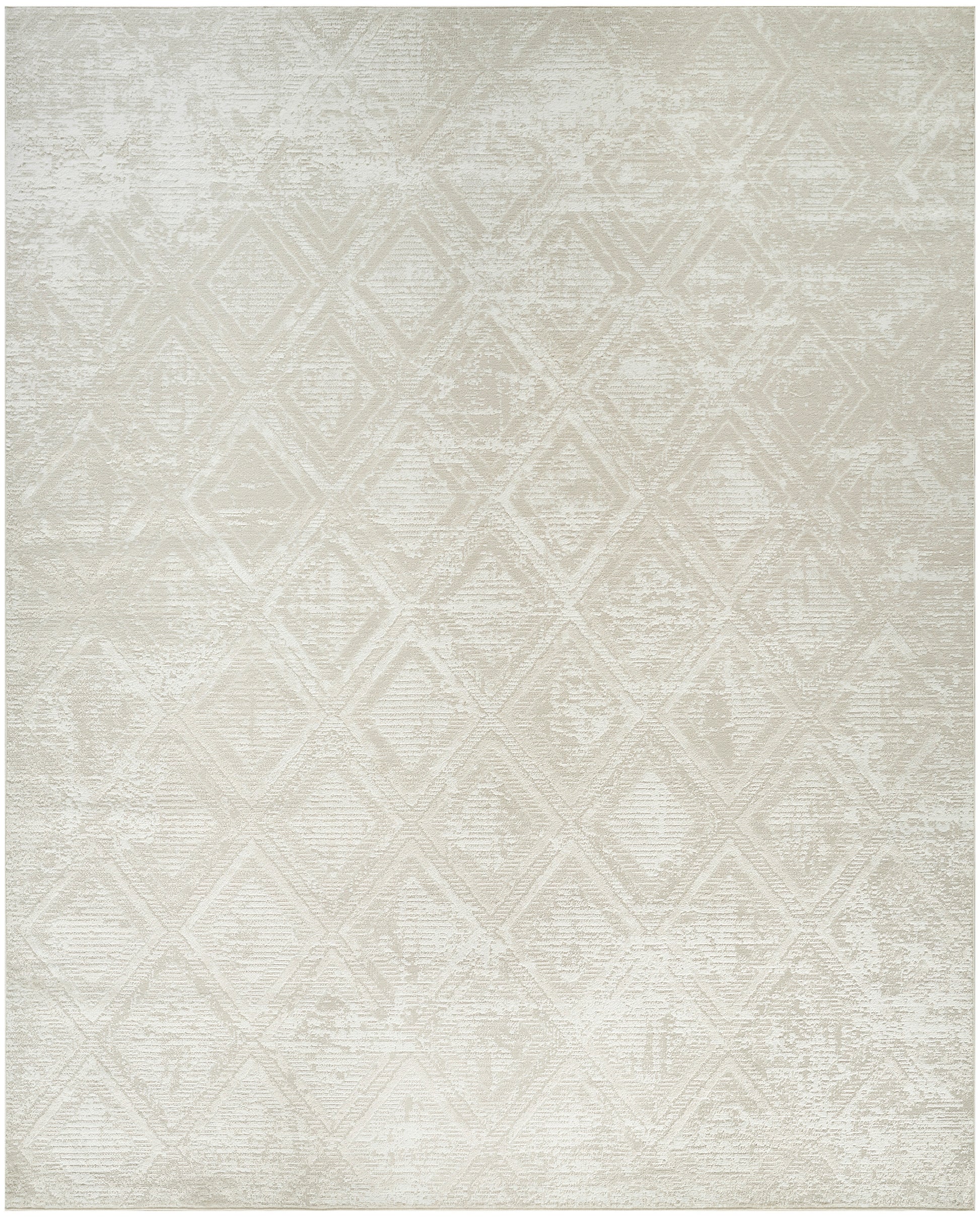 Neutral cream area rug with a subtle distressed diamond lattice pattern and soft woven texture.