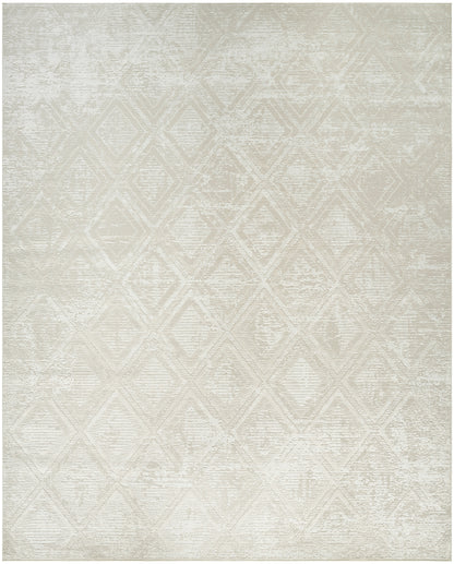 Neutral cream area rug with a subtle distressed diamond lattice pattern and soft woven texture.