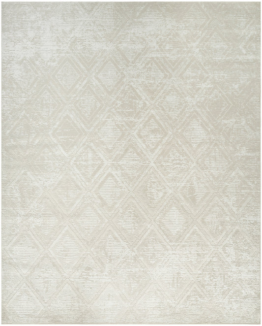 Neutral cream area rug with a subtle distressed diamond lattice pattern and soft woven texture.