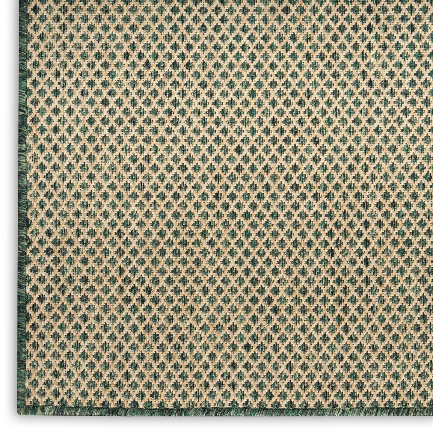Beige woven rug with teal diamond lattice pattern and dark green left border; textured floor covering.