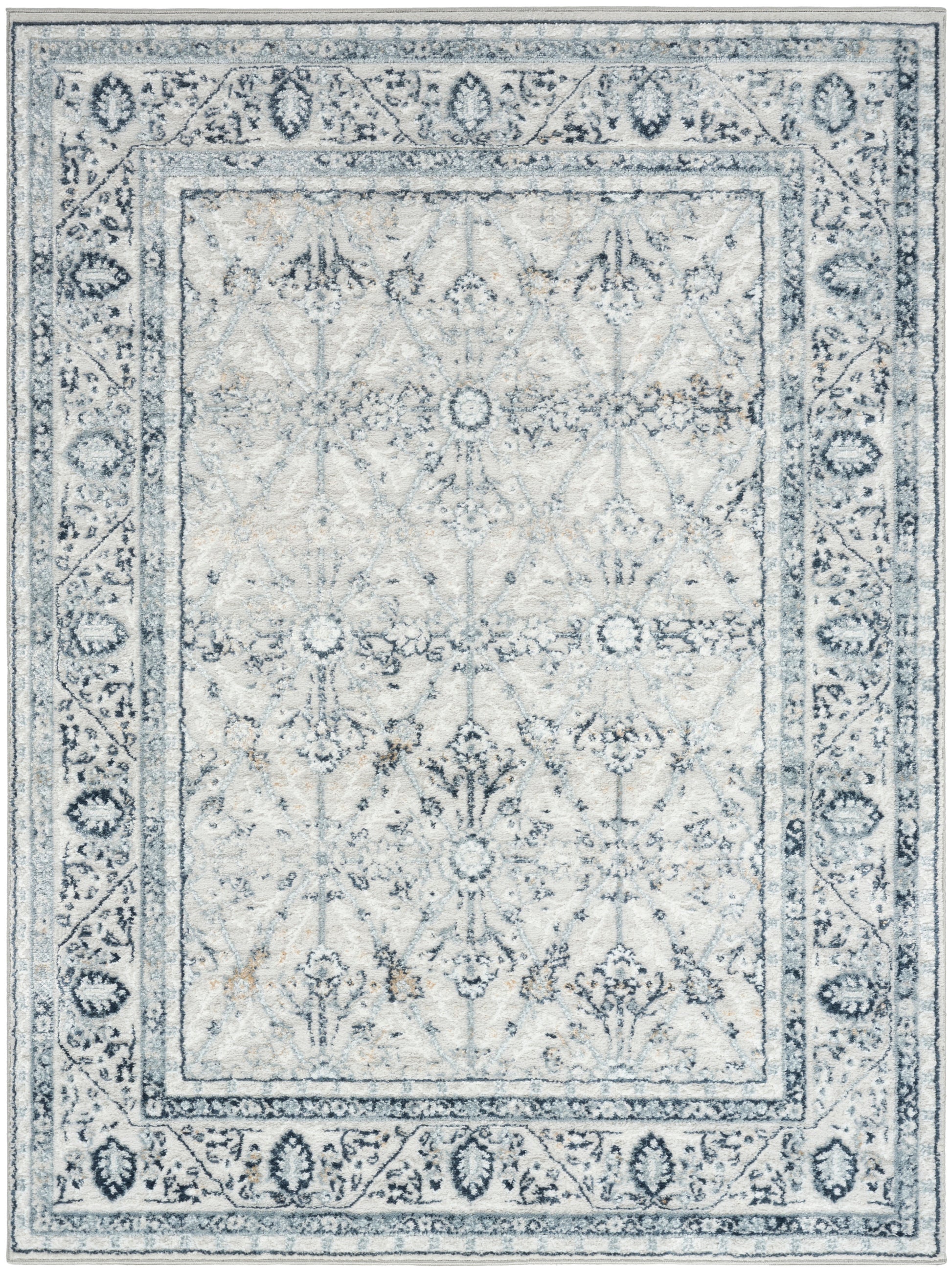 Rectangular light blue-gray distressed oriental rug with floral medallion pattern and decorative borders.