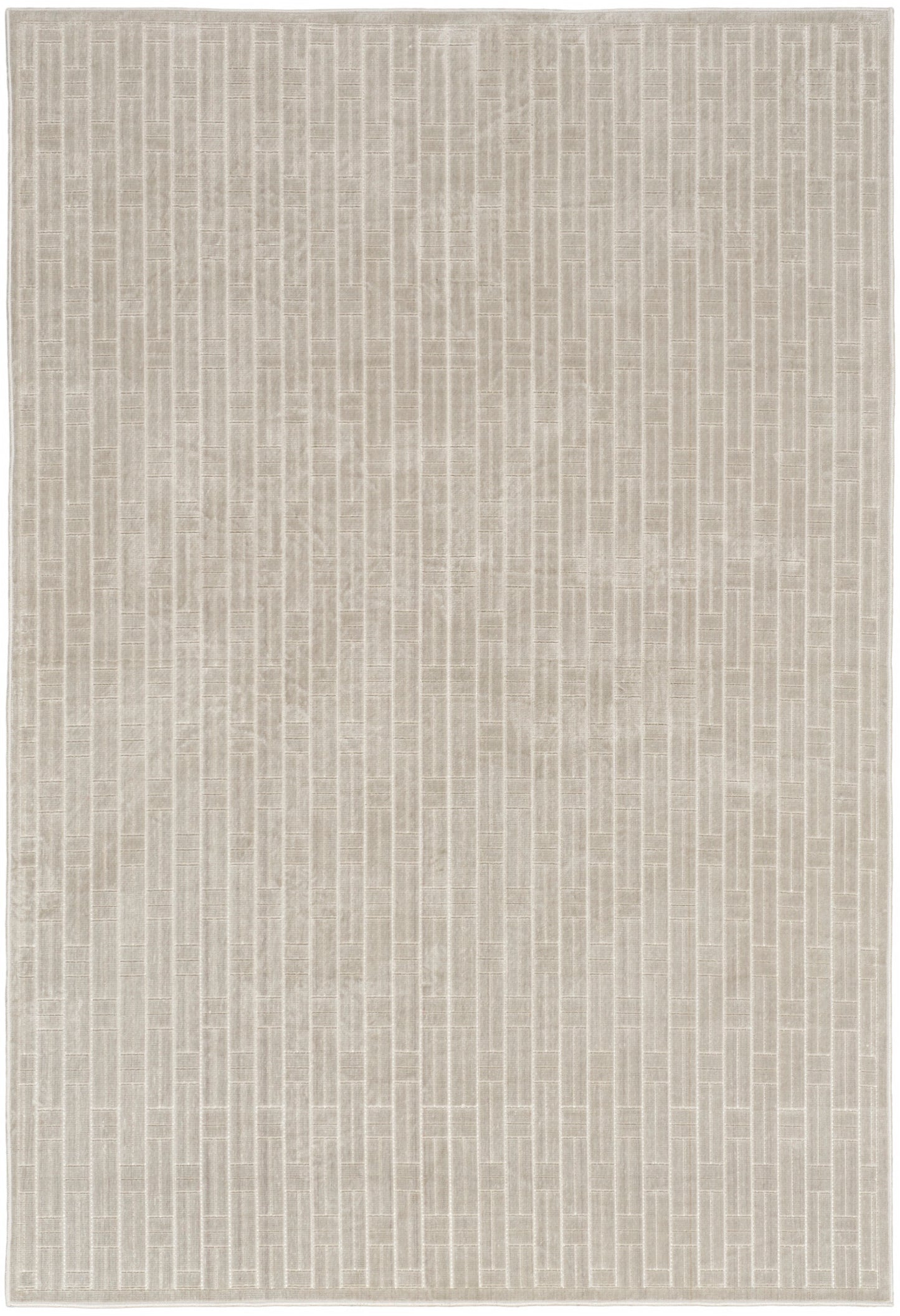 Beige neutral rectangular rug with subtle vertical brick-like pattern; woven texture, modern versatile for living spaces.